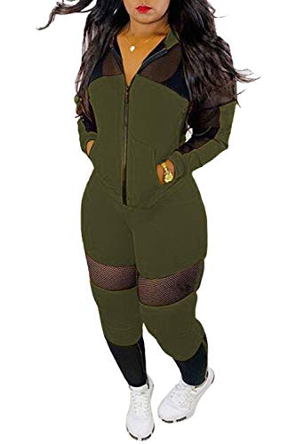 Womens Sexy Mesh Patchwork Zip Up Hoodie Jacket Two Piece Outfits Skinny Long Pants Clubwear Tracksuit Sportswear Set (Green, S)