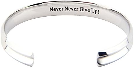 Titanium Steel Bracelet Grooved Cuff Bangle with Motivational Inspirational Words (Never Never Give Up)