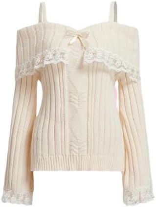 Women's Cold Shoulder Sweaters Long Sleeve Contrast Lace Knit