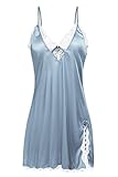 Ekouaer Ladies Silky Lace Chemise Satin Nightgown Plus Size,Blue,Medium