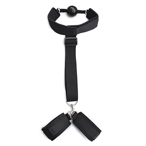 Gagged Behind the Back BDSM Bondage Fetish Bed Restraint Kit by Bound Desires - Black Mouth Gag with Neck and Handcuffs for Men and Women Bondage Collection