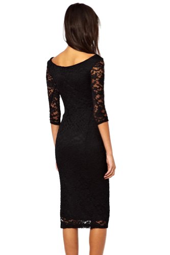 made2envy Boat Neckline 2/3 Sleeves Lace Overlay Evening Midi Dress (S, Black) C6287S - Thumbnail 2