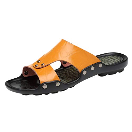 New!!!!! Respctful ♫♫Mens Leather Sandals Casual Slippers Non-Slip Outdoor Slides Fashion Summer Beach Open Toe Flat Shoes Yellow