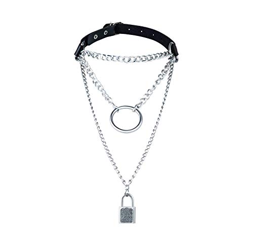 Gothic Dark Style Multilayer Lock Chain Necklace Black Leather Choker Punk Rave Jewelry Pendant Women Black Leather Choker