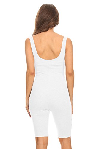 Women Sleeveless Stretch Skinny Solid Knee Length Sport Unitard Bodysuits Active (X-Large, White)