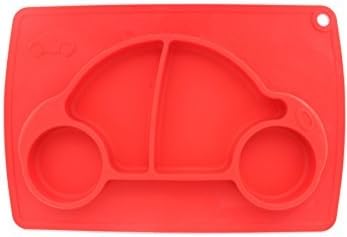 Silicone Car Place Mat (Red) for Kids Children Toddlers Babies Highchair Feeding Tray Kitchen Dining Table with Built in Plate or Bowl 3 Compartment Portable Non Slip Surface