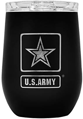 Military Gift Shop Army Steel Stemless Outdoor Wine Glass Tumbler, 12 oz Double Wall Vacuum Insulated Whiskey Tumbler–Matte Black with US Army logo and Lid