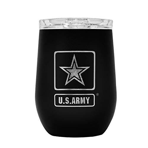 Military Gift Shop Army Steel Stemless Outdoor Wine Glass Tumbler, 12 oz Double Wall Vacuum Insulated Whiskey Tumbler–Matte Black with US Army logo and Lid