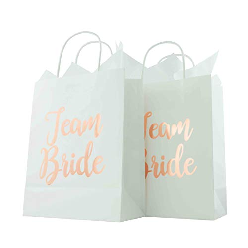 FOONEA Bridesmaid Gift Bag with Tissue Paper, 15 Pack Team Bride White Paper Bag for Bachelorette Party Favors, Bridal Party Bags, Rose Gold Gift Bags, Large Favor Bags, 10.63 x 8.27 x 4.33 inch