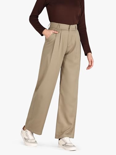 BAMANS KHAKI PANTS FOR WOMEN STRAIGHT LEG HIGH WAISTED TROUSERS CASUAL OFFICE WIDE LEG LADIES SLACKS WITH POCKETS