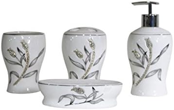 4 piece Floral Design Bathroom Accessories Set Porcelain with Crystal Embellishments (0459)