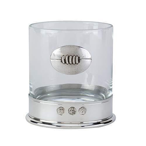 Lead Free pewterware Mounted 12oz Whisky Glass with a Rugby Ball Emblem in a Presentation Box of 1 or 2 Glasses (1)