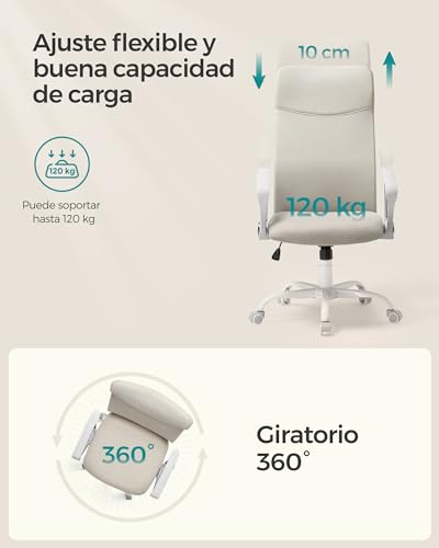SONGMICS Silla de Oficina Ergonómica, Altura Ajustable, 120 kg | Asiento Giratorio Acolchado y Reclinable, Beige Capuchino, OBN034K01