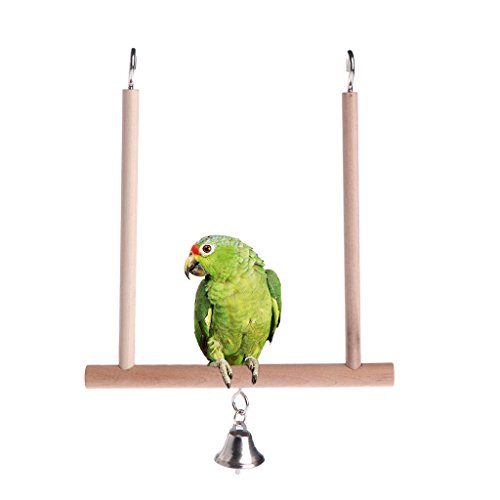Hukai Birds Perch Parrot Play Toys Stand Holder natural Wooden Swing Bell Cage Hanging
