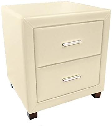 Bedside Table Sturdy Design Faux Leather Finish 2 Drawer (Material: Wood, Fully Assembled) (Cream)