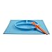 Silicone Baby Placemat + 3 Compartment Food Plate with Silicone Spoon Included - Portable Non Slip Mat - Meal Prep for Feeding Babies Toddlers and Kids - Suction Tables (Blue)