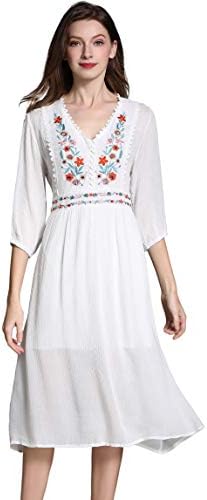 Shineflow Women's Short Sleeve Mexican Embroidered Floral Pleated Midi  A-line Cocktail Dress, White, M price in UAE | Amazon UAE | kanbkam