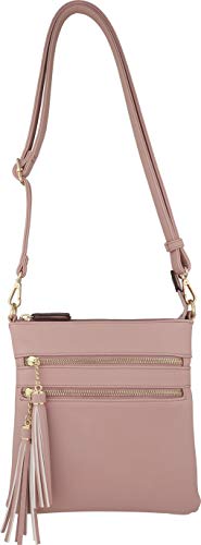 Vegan Mini Multi-Zipper Crossbody Handbag Purse with Tassel Accents with RFID Protection (Blush RF)