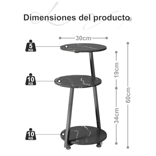 Simple Wisdom Mesa Auxiliar,Mesa Auxiliar Sala Redonda Lateral 3 Niveles,Mesita de Noche,Buros para Recamara,para Sala de Estar, Dormitorio, Estilo Industrial,Tamaño: 30 * 30 * 60 CM. (Mármol+Negro)