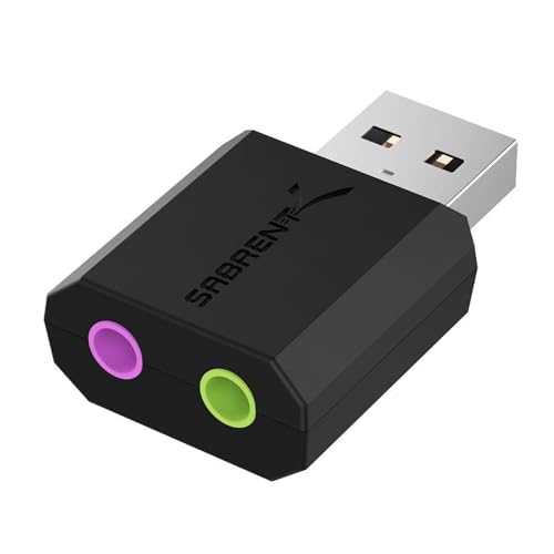 SABRENT External USB Sound Card, USB Plug to 3.5mm Jack Audio Adapter for Headphones Microphone Stereo Speakers, Compatible with Mac OS, Windows, Plug & Play, No Driver Needed [Black] (AU-MMSA)