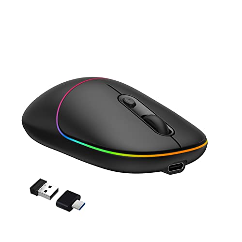 LED Wireless Mouse, RAPIQUE Rechargeable Silent RGB Light Up Computer Mouse with USB Receiver & Type-C Adapter, 2.4G Slim Portable Office Cordless Mice for Laptop, PC, ChromeBook, Tablet, Mac(Black)