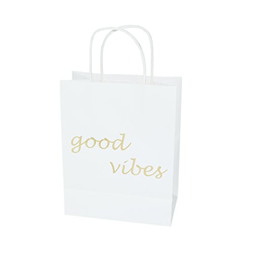 FOONEA 12 Pack Paper Bags, Good Vibes Gold Foil Printed with Handles, Wedding Welcome Gift Bags for Hotel Guests, Bridal Baby Shower Shopping Birthday Party Favors
