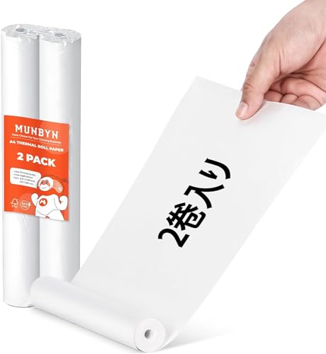 MUNBYN A4 感熱紙 210×297mm サーマルプリンター用紙 感熱印刷 ITP01対応 BROTHER PocketJet/HPRT/Petural/Itari/MUNBYN 対応 モノクロ印刷 2ロール入り サーマルペーパー