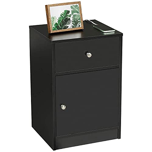 ADORNEVE Black Nightstand with USB Port, Nightstand with Drawer & Door