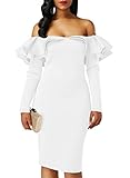 Sidefeel Women Long Sleeve Ruffle Off The Shoulder Bodycon Party Midi Dress X-Large White