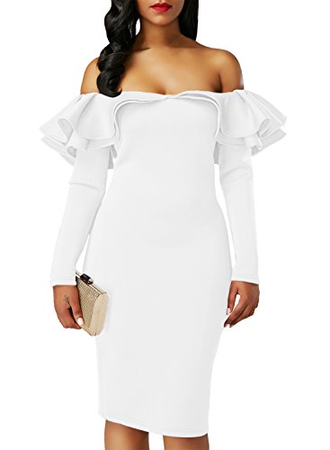 Sidefeel Women Long Sleeve Ruffle Off The Shoulder Bodycon Party Midi Dress X-Large White