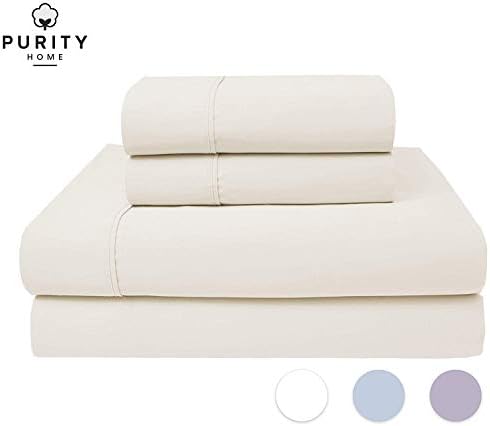 Purity Home 300 Thread Count 100% Combed Cotton 4 Piece Bed Sheet Set, Luxury King Sheets Percale Weave, Moisture Wicking, Cool Crisp & Breathable,Patented Fitted Sheet Fits Upto 18" Deep Pocket,Ivory