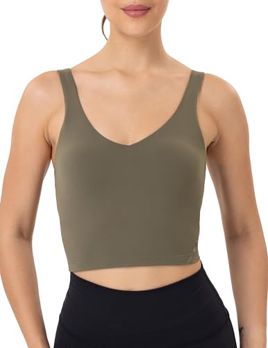 YUNOGA LONGLINE SPORTS BRAS FOR WOMEN CROPPED TANK TOP WITH BUILT-IN BRA ATHLETIC WORKOUT YOGA BRA TOPS (M, OLIVE GREEN)