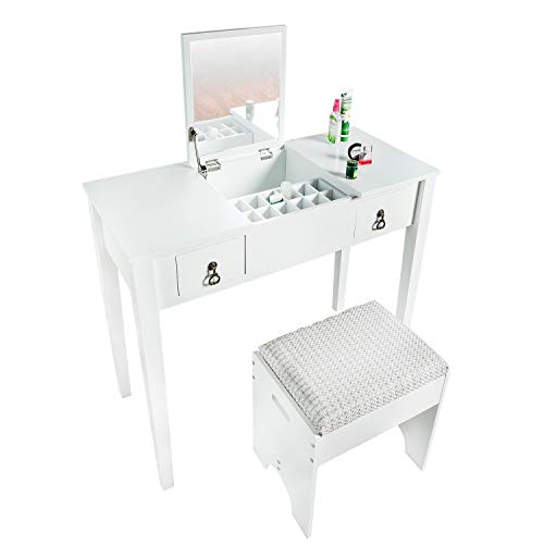 BAHOM Vanity Makeup Table Set with Mirror and Stool, Dressing Table for Girls/Women, Bedroom, White