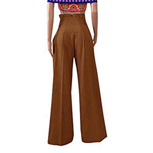Pervobs Womens Comfy Chic Palazzo Lounge Pant Casual Paper Bag Pants Elastic Waist Pockets Wide Leg Pant Trouser(L, Z01-Coffee)
