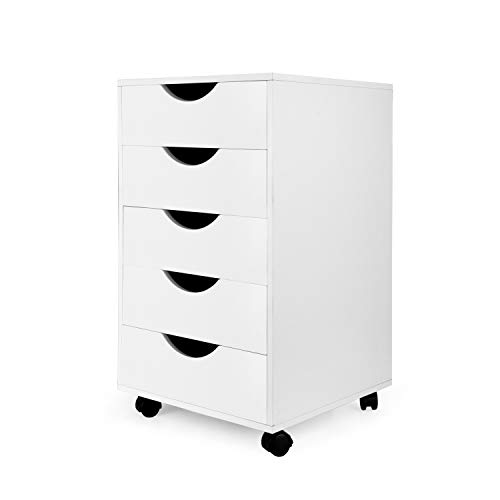 eMerit 5 Drawer Wood File Cabinet Roll Cart Drawer for Office Organization White