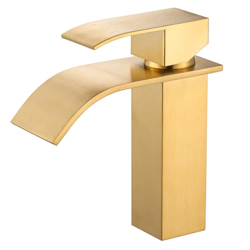iVIGA Bathroom Faucet 175mm Low Noise Basin Faucet Stainless Steel Waterfall Mixer Tap with Hot and Cold Water Hoses Gold