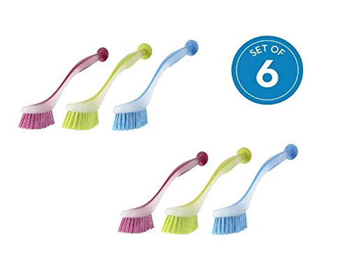 Dish Brush with Suction Cup by Spogears, The Dishwashing Brushes Set Includes 6 Kitchen Scrub Brush 3 Assorted Colors, Long & Grip Friendly Handle, Soft bristles, High Quality Scrubbing Dish Brush