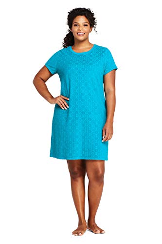 Lands' End Women's Plus Size Jacquard Terry T-Shirt Dress Swim Cover-up, 1X, Vivid Teal