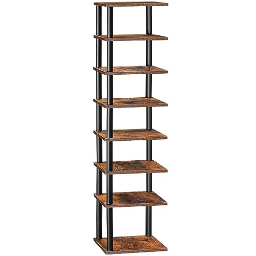 HOOBRO Vertical Shoe Rack for Small Space, 8-Tier Corner Shoe Rack, Narrow Shoe Storage Organizer for Entryway, Hallway, Bedroom, No-Tool Assembly, Wooden, Rustic Brown and Black EBF22XJ01