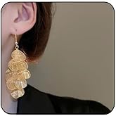 Boho Layered Gold Flower Dangle Earrings for Women Lightweight Big Floral Leaf Drop Hollow Long Petal Jewelry Accessories