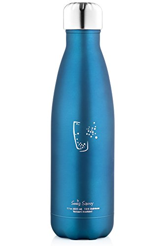 Swig Savvy 17oz Stainless Steel Insulated Water Bottle Condensation Free with Vacuum Double Wall Construction. Cola Shaped, (Light Blue, 17oz)