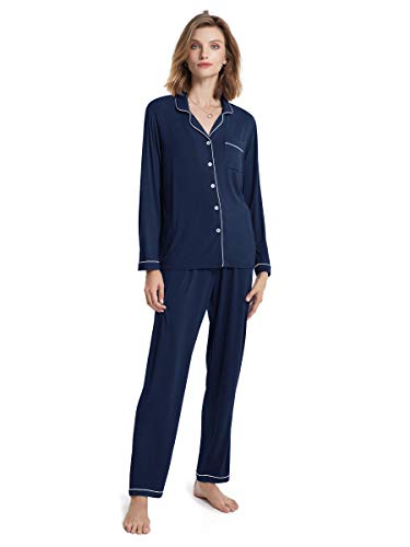 SIORO Womens Pajamas Set Long Sleeve, Button Down Cotton Pj Sets For Women Soft Nightwear,Navy With White Piping, Small - Thumbnail 7