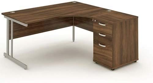 BiMi Ergonomic 1600 Right Hand Corner Desk with 3 Draw Desk High Pedestal Walnut