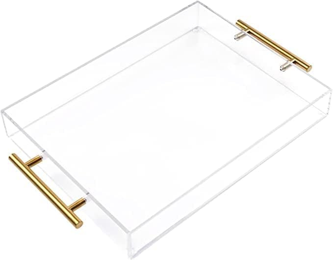 Photo 1 of 12"x16" Clear Acrylic Serving Tray with Golden Handles, Sturdy Huge Capacity Acrylic Tray for Coffee, Juice, Kitchen and Desk Organizer, Storage Tray (12"x16")