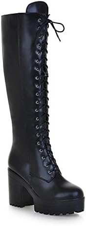 Lucksender Womens Fashion Round Toe Platform High Chunky Heels Knee High Combat Boots