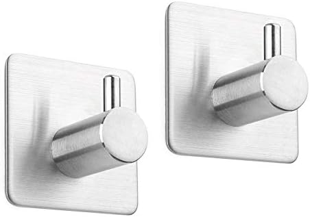 2 Pack of Self Adhesive Single Coat Towel Robe Hook Rack Rail, AIKZIK® Brushed Finish Stainless Steel Heavy Duty Hanger for Kitchen Bathrooms Lavatory Closets, Water and Rust Proof
