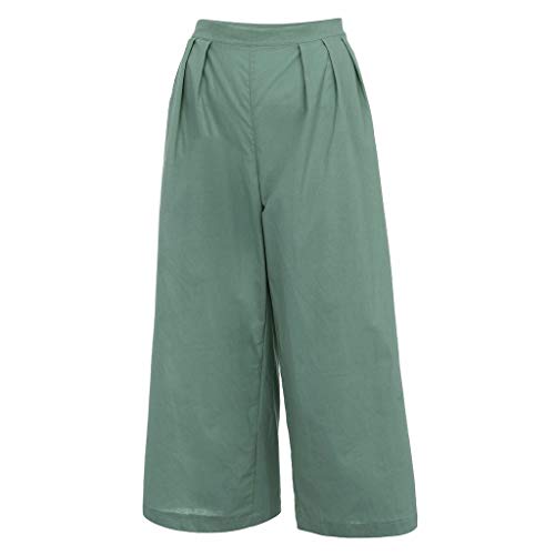 Pongfunsy Women Linen Pants, Ladies Fashion Solid Color Pants Basic Fold Cotton and Loose Calf-Length Vintage Trousers Green