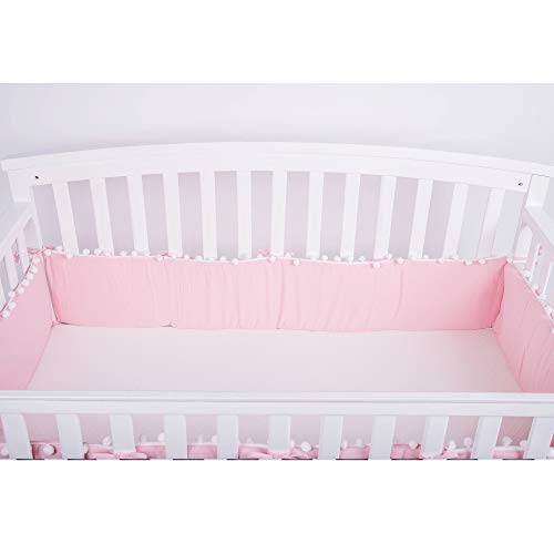 LOAOL Baby Crib Bumper Pads with Pom Pom Breathable Washable Padded Crib Liner Nursery Toddler Decor (Pink)