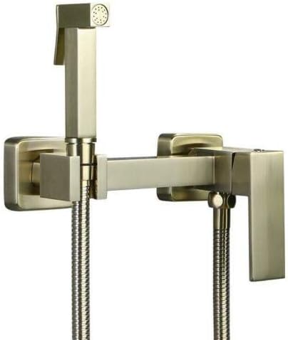 Luxury Bathroom Toilet Square Bidet Sprayer Mixer Valve Set-Brushed Gold Brass Handheld Bidet Baby Cloth Diaper Shattaf +Brass Hot and Cold Mixer valve+304 Stainless Steel Hose