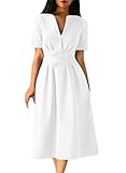 Elapsy Womens Casual Vintage Retro V Neck Short Sleeve Swing Midi A Line Skater Dress with Bowknots